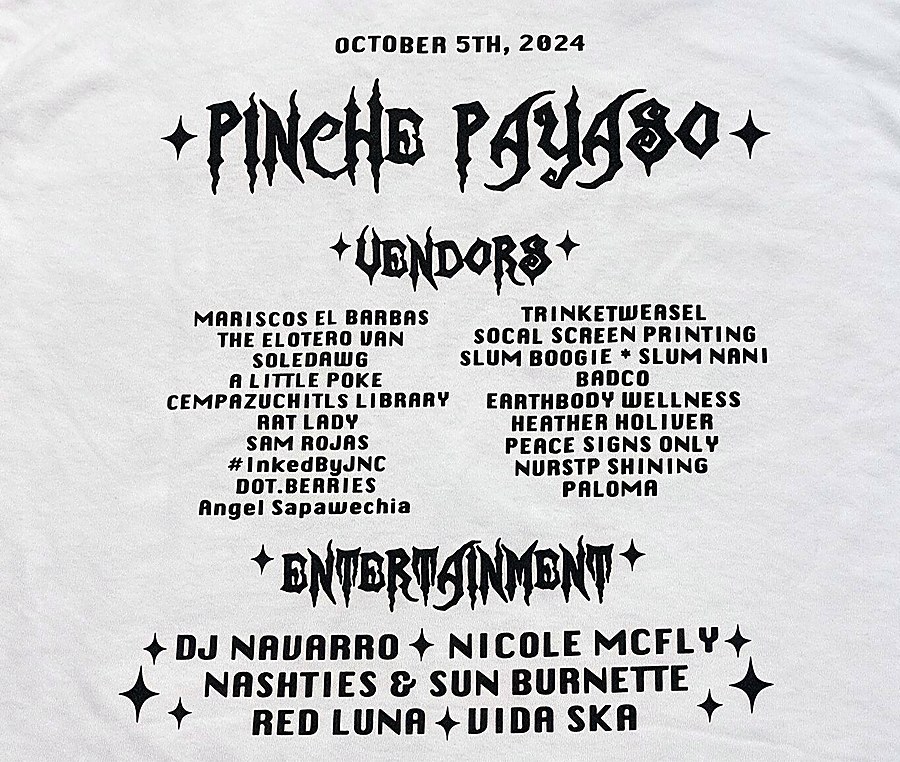 Shirt back with the full vendor and entertainment lineup in black type