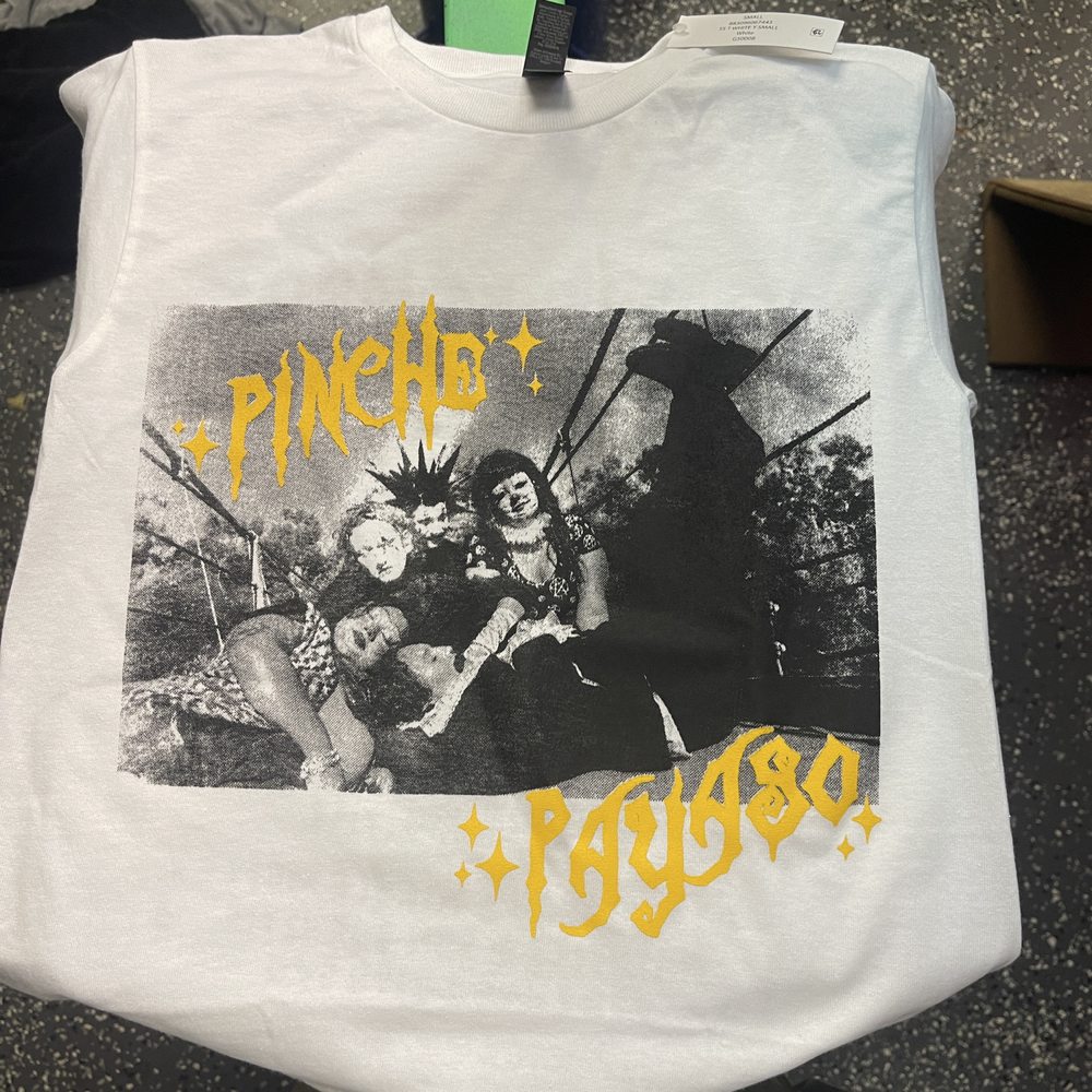 Black and white halftone photograph with yellow lettering on a white sleeveless tee